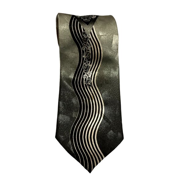 MCM ABSTRACT NECKTIE SILVER BLACK WAVES POLYESTER DESIGNER 60" X 4" MENS - Picture 3 of 4